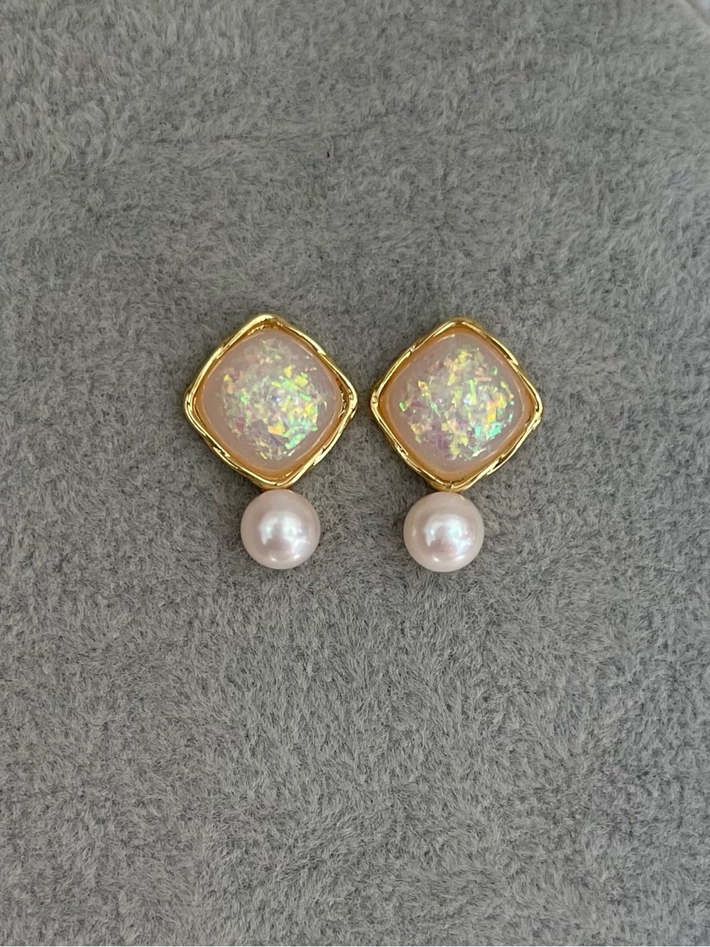 Freshwater Pearl Drop Opal-Effect Stud Earrings - Women Jewelry 925 silver posts